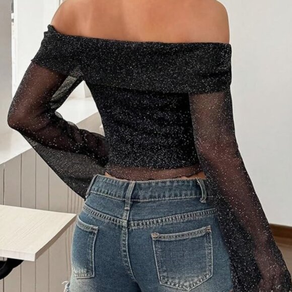 Mesh Off-the-Shoulder Crop Top with Long Flared Sleeves - Picture 2 of 6